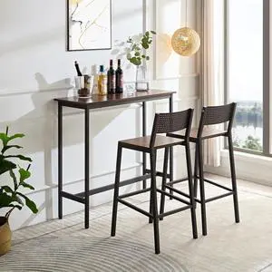 3 Piece Dining Table Set Industrial Small Bar Table and Chairs Set for 2, Metal Base Kitchen Counter Height Dining Table Set with Adjustable Table Base for Bars, Kitchens, Restaurants, Brown 3 Piece Dining Table Set Industrial Small Bar Table and Chairs Set for 2, Metal Base Kitchen Counter Height Dining Table Set with Adjustable Table Base for Bars, Kitchens, Restaurants, Brown