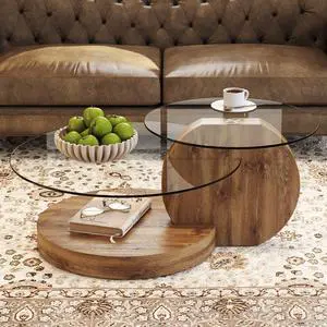 42" Glass Coffee Table, Modern Round Tempered Clear Coffee Tables Decor for Living Room, 3-Tier Circle Coffee Table with Storage Wooden Accent Center Table Side Table for Home Office (Wood) 42" Glass Coffee Table, Modern Round Tempered Clear Coffee Tables Decor for Living Room, 3-Tier Circle Coffee Table with Storage Wooden Accent Center Table Side Table for Home Office (Wood)