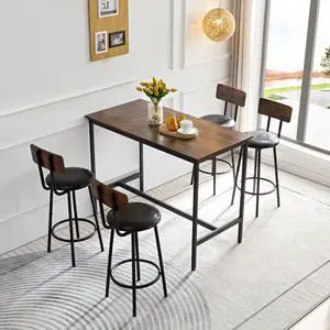 Bar Table and Chairs Set for 4, 5 Pieces Industrial Wood Kitchen Dining Table Counter Height Pub Table with 4 PU Upholstered Chairs with Backrest,Suitable for Kitchen, Restaurant, Bar(Brown) Bar Table and Chairs Set for 4, 5 Pieces Industrial Wood Kitchen Dining Table Counter Height Pub Table with 4 PU Upholstered Chairs with Backrest,Suitable for Kitchen, Restaurant, Bar(Brown)