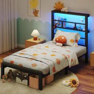 Twin XL Size Bed Frame with 49.2-Inch LED High Headboard and 2-Tier Storage, Metal Platform Bed, Black Twin XL Size Bed Frame with 49.2-Inch LED High Headboard and 2-Tier Storage, Metal Platform Bed, Black