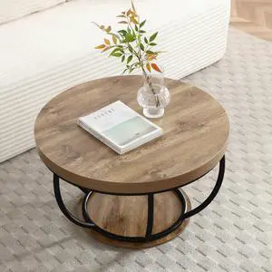 Round Coffee Table, 31" Circle Coffee Table for Living Room, 2-Tier Wood Coffee Table with Open Storage Shelf, Industrial Accent Center Table for Home Office Apartment (Black Leg) Round Coffee Table, 31" Circle Coffee Table for Living Room, 2-Tier Wood Coffee Table with Open Storage Shelf, Industrial Accent Center Table for Home Office Apartment (Black Leg)