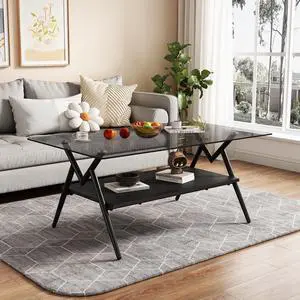 Glass Coffee Table Modern Rectangular Tempered Glass Center Table with Open Storage Shelf, 2-Tier Accent Table with Metal Frame for Living Room & Small Spaces (Black+Black Glass B) Glass Coffee Table Modern Rectangular Tempered Glass Center Table with Open Storage Shelf, 2-Tier Accent Table with Metal Frame for Living Room & Small Spaces (Black+Black Glass B)