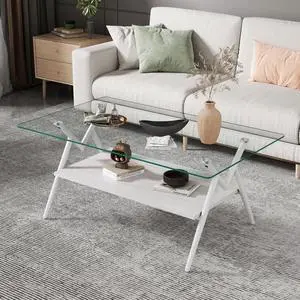 38.6" Glass Coffee Table Modern Rectangular Tempered Glass Center Table with Open Storage Shelf, 2-Tier Accent Table with Metal Frame for Living Room & Small Spaces (White) 38.6" Glass Coffee Table Modern Rectangular Tempered Glass Center Table with Open Storage Shelf, 2-Tier Accent Table with Metal Frame for Living Room & Small Spaces (White)