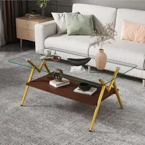 Glass Coffee Table Modern Rectangular Tempered Glass Center Table with Open Storage Shelf, 2-Tier Accent Table with Metal Frame for Living Room & Small Spaces (Gold) Glass Coffee Table Modern Rectangular Tempered Glass Center Table with Open Storage Shelf, 2-Tier Accent Table with Metal Frame for Living Room & Small Spaces (Gold)
