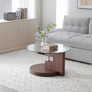 Glass Coffee Table, Round Coffee Tables for Living Room, 2-Tier Circle Wooden Center Table with Tempered Glass Top, 31.5 Inch Modern Accent Cocktail Table for Home Office (Walnut) Glass Coffee Table, Round Coffee Tables for Living Room, 2-Tier Circle Wooden Center Table with Tempered Glass Top, 31.5 Inch Modern Accent Cocktail Table for Home Office (Walnut)