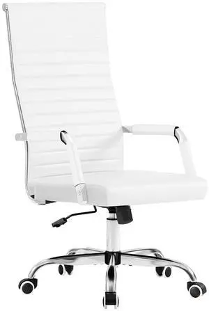 Ribbed Office Chair High Back PU Leather Executive Conference Chair Adjustable Swivel Chair with Arms (White) Ribbed Office Chair High Back PU Leather Executive Conference Chair Adjustable Swivel Chair with Arms (White)