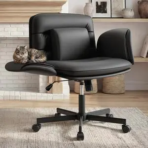 Vanity Chair with Adjustable Armrests, Comfortable Oversized PU Leather Criss Cross Chair with Wheels, Wide Office Desk Chair for Home, Make Up, Bed Room (Black) Vanity Chair with Adjustable Armrests, Comfortable Oversized PU Leather Criss Cross Chair with Wheels, Wide Office Desk Chair for Home, Make Up, Bed Room (Black)