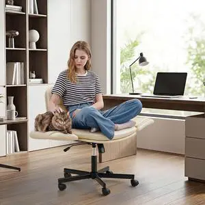 Vanity Chair with Adjustable Armrests, Comfortable Oversized PU Leather Criss Cross Chair with Wheels, Wide Office Desk Chair for Home, Make Up, Bed Room (Beige) Vanity Chair with Adjustable Armrests, Comfortable Oversized PU Leather Criss Cross Chair with Wheels, Wide Office Desk Chair for Home, Make Up, Bed Room (Beige)
