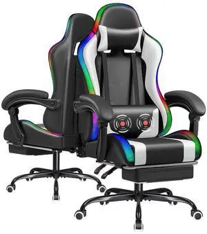 Gaming Chair with RGB LED Lights, Video Game Chair with Footrest and Massage Lumbar Support, High Back Reclining Computer Chair with Headrest, Swivel Seat Gamer Chair (LED White) Gaming Chair with RGB LED Lights, Video Game Chair with Footrest and Massage Lumbar Support, High Back Reclining Computer Chair with Headrest, Swivel Seat Gamer Chair (LED White)