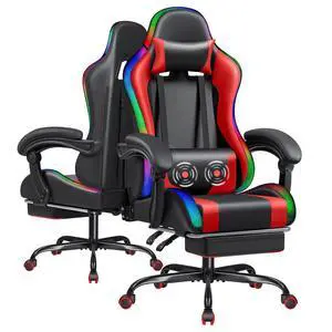 Gaming Chair with RGB LED Lights, Video Game Chair with Footrest and Massage Lumbar Support, High Back Reclining Computer Chair with Headrest, Swivel Seat Gamer Chair (LED Red) Gaming Chair with RGB LED Lights, Video Game Chair with Footrest and Massage Lumbar Support, High Back Reclining Computer Chair with Headrest, Swivel Seat Gamer Chair (LED Red)