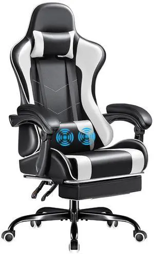 Gaming Chair, Video Game Chair with Footrest and Massage Lumbar Support, Swivel Seat Height Adjustable Computer Chair with Headrest, Racing E-Sport Gamer Chair (White) Gaming Chair, Video Game Chair with Footrest and Massage Lumbar Support, Swivel Seat Height Adjustable Computer Chair with Headrest, Racing E-Sport Gamer Chair (White)