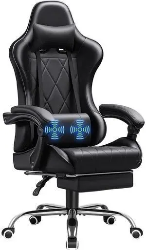 Gaming Chair, Computer Chair with Footrest and Massage Lumbar Support, Swivel Seat Height Adjustable Video Game Chair with Headrest for Office or Gaming (Black) Gaming Chair, Computer Chair with Footrest and Massage Lumbar Support, Swivel Seat Height Adjustable Video Game Chair with Headrest for Office or Gaming (Black)