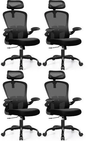 Office Chair Ergonomic Desk Chair with Headrest, High Back Computer with Adjustable Lumbar Support and Wheels,Executive Swivel Comfy with flip-up Armrests for Home Office,Pack of 4 Office Chair Ergonomic Desk Chair with Headrest, High Back Computer with Adjustable Lumbar Support and Wheels,Executive Swivel Comfy with flip-up Armrests for Home Office,Pack of 4