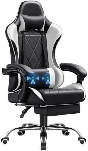 Gaming Chair, Computer Chair with Footrest and Massage Lumbar Support, Swivel Seat Height Adjustable Video Game Chair with Headrest for Office or Gaming (Light White) Gaming Chair, Computer Chair with Footrest and Massage Lumbar Support, Swivel Seat Height Adjustable Video Game Chair with Headrest for Office or Gaming (Light White)