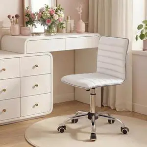 Modern Adjustable Low Back Armless Ribbed Task Office Desk Vanity Swivel Rolling Leather Computer Conference Chair (White) Modern Adjustable Low Back Armless Ribbed Task Office Desk Vanity Swivel Rolling Leather Computer Conference Chair (White)