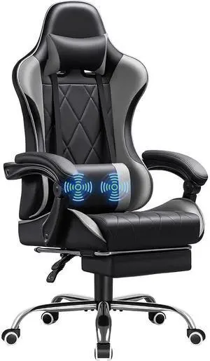 Gaming Chair, Computer Chair with Footrest and Massage Lumbar Support, Swivel Seat Height Adjustable Video Game Chair with Headrest for Office or Gaming (Grey) Gaming Chair, Computer Chair with Footrest and Massage Lumbar Support, Swivel Seat Height Adjustable Video Game Chair with Headrest for Office or Gaming (Grey)