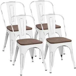 Metal Dining Chairs with Wood Seat, Indoor-Outdoor Use Stackable Chic Dining Bistro Cafe Side Metal Chairs Set of 4(White) Metal Dining Chairs with Wood Seat, Indoor-Outdoor Use Stackable Chic Dining Bistro Cafe Side Metal Chairs Set of 4(White)