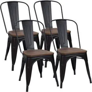 Metal Dining Chairs with Wood Seat, Indoor-Outdoor Use Stackable Chic Dining Bistro Cafe Side Metal Chairs Set of 4(Black) Metal Dining Chairs with Wood Seat, Indoor-Outdoor Use Stackable Chic Dining Bistro Cafe Side Metal Chairs Set of 4(Black)