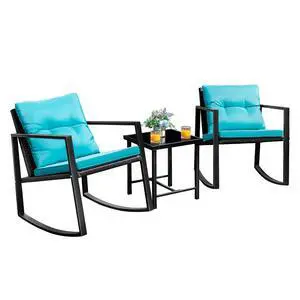 Patio Chairs 3 Piece Wicker Rocking Chair Outdoor Bistro Sets with Coffee Table and Cushions Metal Frame Patio Furniture for Porch, Balcony, Lawn (Blue) Patio Chairs 3 Piece Wicker Rocking Chair Outdoor Bistro Sets with Coffee Table and Cushions Metal Frame Patio Furniture for Porch, Balcony, Lawn (Blue)