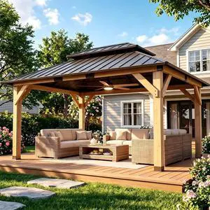 12' x 16' Wood Gazebo,Outdoor Hardtop Gazebo Wooden,DIY Color Permanent Pavilion with Galvanized Steel Double Metal Roof for Backyard, Garden(Windproof, Snow-load Bearing, Waterproof, Rustproof) 12' x 16' Wood Gazebo,Outdoor Hardtop Gazebo Wooden,DIY Color Permanent Pavilion with Galvanized Steel Double Metal Roof for Backyard, Garden(Windproof, Snow-load Bearing, Waterproof, Rustproof)