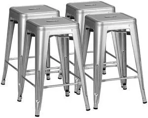 24 Inch Metal Bar Stools Set of 4, Counter Height Bar Stools Height High Backless Stools Industrial Stackable Bar Chairs for Dining Room Kitchen Indoor Outdoor Stools Bar Chairs (Sliver) 24 Inch Metal Bar Stools Set of 4, Counter Height Bar Stools Height High Backless Stools Industrial Stackable Bar Chairs for Dining Room Kitchen Indoor Outdoor Stools Bar Chairs (Sliver)