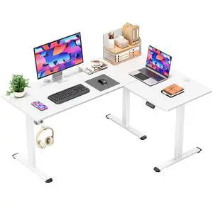 63 x 48 Inch L Shaped Standing Desk with 2 Preset Heights, Electric Height Adjustable Computer Table, 2 Hooks & Feet Balance, Corner Sit Stand Desk for Home Office (White, 63 x 48 Inch) 63 x 48 Inch L Shaped Standing Desk with 2 Preset Heights, Electric Height Adjustable Computer Table, 2 Hooks & Feet Balance, Corner Sit Stand Desk for Home Office (White, 63 x 48 Inch)