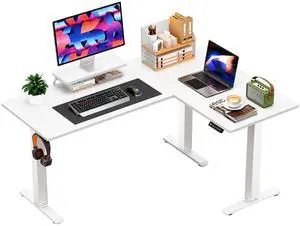 63 x 47 Inch L Shaped Standing Desk with 2 Preset Heights, Electric Height Adjustable Computer Desk, Corner Sit Stand Desk for Home Office, 2 Hooks & Feet Balance (White, 63 x 47 Inch) 63 x 47 Inch L Shaped Standing Desk with 2 Preset Heights, Electric Height Adjustable Computer Desk, Corner Sit Stand Desk for Home Office, 2 Hooks & Feet Balance (White, 63 x 47 Inch)