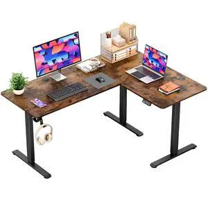 63 x 48 Inch L Shaped Standing Desk with 2 Preset Heights, Electric Height Adjustable Computer Table, 2 Hooks & Feet Balance, Corner Sit Stand Desk for Home Office (Rustic Brown, 63 x 48 Inch) 63 x 48 Inch L Shaped Standing Desk with 2 Preset Heights, Electric Height Adjustable Computer Table, 2 Hooks & Feet Balance, Corner Sit Stand Desk for Home Office (Rustic Brown, 63 x 48 Inch)