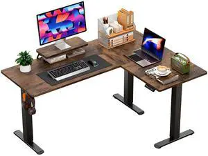 63 x 47 Inch L Shaped Standing Desk with 2 Preset Heights, Electric Height Adjustable Computer Desk, Corner Sit Stand Desk for Home Office, 2 Hooks & Feet Balance (Rustic Brown, 63 x 47 Inch) 63 x 47 Inch L Shaped Standing Desk with 2 Preset Heights, Electric Height Adjustable Computer Desk, Corner Sit Stand Desk for Home Office, 2 Hooks & Feet Balance (Rustic Brown, 63 x 47 Inch)