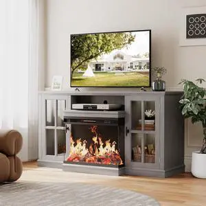 Fireplace TV Stand for TVs up to 65'', 3-Sided Glass Media Entertainment Center Console with Storage, Adjustable Flame LED Color for Living Room (Grey) Fireplace TV Stand for TVs up to 65'', 3-Sided Glass Media Entertainment Center Console with Storage, Adjustable Flame LED Color for Living Room (Grey)