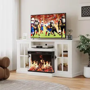 Fireplace TV Stand for TVs up to 65'', 3-Sided Glass Media Entertainment Center Console with Storage, Adjustable Flame LED Color for Living Room (White) Fireplace TV Stand for TVs up to 65'', 3-Sided Glass Media Entertainment Center Console with Storage, Adjustable Flame LED Color for Living Room (White)