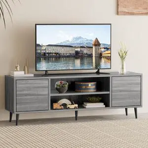 Mid Century Modern TV Stand for 65 inch TV, Entertainment Center with Storage, Media Console with Sturdy Legs, Push-to-Open Cabinets, Wooden Living Room Furniture, Bright Gray Mid Century Modern TV Stand for 65 inch TV, Entertainment Center with Storage, Media Console with Sturdy Legs, Push-to-Open Cabinets, Wooden Living Room Furniture, Bright Gray