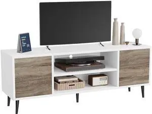 TV Stand, 58 Inch Entertainment Center with 2 Doors and 2 Storage Cabinets for TV up to 65 inch, TV Console Table for Living Room, Bedroom, Office (White and Oak) TV Stand, 58 Inch Entertainment Center with 2 Doors and 2 Storage Cabinets for TV up to 65 inch, TV Console Table for Living Room, Bedroom, Office (White and Oak)