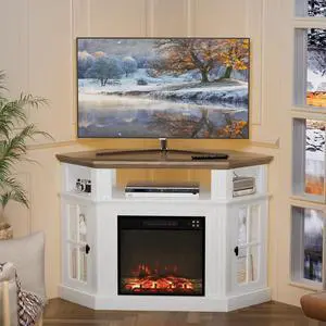Fireplace Corner TV Stand for Up to 55 Inch, Modern Console with 18 Inch Electric Fireplace, Entertainment Center with Open Shelf and Storage Cabinets for Living Room (Antique White) Fireplace Corner TV Stand for Up to 55 Inch, Modern Console with 18 Inch Electric Fireplace, Entertainment Center with Open Shelf and Storage Cabinets for Living Room (Antique White)