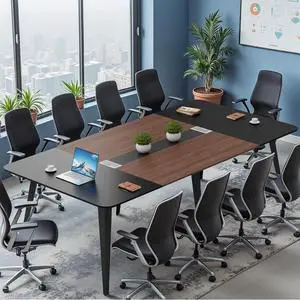 8FT Conference Table, 94.48 Meeting Seminar Table with Cable Grommets, Boardroom Table Workstation for Meeting Room, Office Conference (Black & Walnut) 8FT Conference Table, 94.48 Meeting Seminar Table with Cable Grommets, Boardroom Table Workstation for Meeting Room, Office Conference (Black & Walnut)