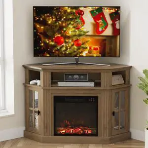 Fireplace Corner TV Stand for Up to 55 Inch, Modern Console with 18 Inch Electric Fireplace, Entertainment Center with Open Shelf and Storage Cabinets for Living Room (Brown) Fireplace Corner TV Stand for Up to 55 Inch, Modern Console with 18 Inch Electric Fireplace, Entertainment Center with Open Shelf and Storage Cabinets for Living Room (Brown)