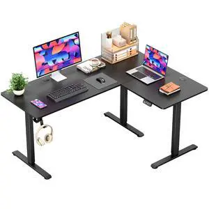 63 x 48 Inch L Shaped Standing Desk with 2 Preset Heights, Electric Height Adjustable Computer Table, 2 Hooks & Feet Balance, Corner Sit Stand Desk for Home Office (Black, 63 x 48 Inch) 63 x 48 Inch L Shaped Standing Desk with 2 Preset Heights, Electric Height Adjustable Computer Table, 2 Hooks & Feet Balance, Corner Sit Stand Desk for Home Office (Black, 63 x 48 Inch)