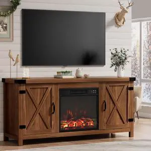 Fireplace TV Stand for Up to 65 Inches TVs, Farmhouse Entertainment Center with Grooved Barn Doors, Rustic Media Console Table with Storage Cabinets for Living Room (Barnwood) Fireplace TV Stand for Up to 65 Inches TVs, Farmhouse Entertainment Center with Grooved Barn Doors, Rustic Media Console Table with Storage Cabinets for Living Room (Barnwood)