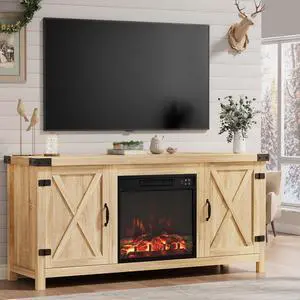 Fireplace TV Stand for Up to 65 Inches TVs, Farmhouse Entertainment Center with Grooved Barn Doors, Rustic Media Console Table with Storage Cabinets for Living Room (Natural Oak) Fireplace TV Stand for Up to 65 Inches TVs, Farmhouse Entertainment Center with Grooved Barn Doors, Rustic Media Console Table with Storage Cabinets for Living Room (Natural Oak)