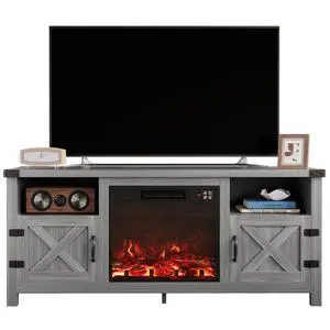 Entertainment Center with Fireplace, Fireplace TV Stand with Storage Cabinets and 2 Open Shelves, Modern Media TV Console for Living Room (Light Grey) Entertainment Center with Fireplace, Fireplace TV Stand with Storage Cabinets and 2 Open Shelves, Modern Media TV Console for Living Room (Light Grey)