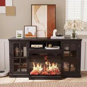 Fireplace TV Stand for TVs up to 65'', 3-Sided Glass Media Entertainment Center Console with Storage, Adjustable Flame LED Color for Living Room (Black) Fireplace TV Stand for TVs up to 65'', 3-Sided Glass Media Entertainment Center Console with Storage, Adjustable Flame LED Color for Living Room (Black)