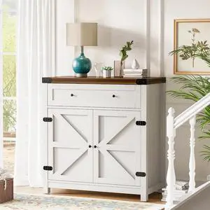 Sideboard Buffet Cabinet with Storage, Farmhouse Coffee Bar Cabinet with 1 Drawer and 2 Barn Doors, Barn Door Console Table, Storage Cabinet for Kitchen, Dining Room, Entryway (White) Sideboard Buffet Cabinet with Storage, Farmhouse Coffee Bar Cabinet with 1 Drawer and 2 Barn Doors, Barn Door Console Table, Storage Cabinet for Kitchen, Dining Room, Entryway (White)