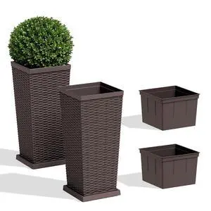 Set of 2 Resin Widened Tapered Planters, Rattan Texture Planters with Drainage Holes and Trays, Outdoor Flowers Pots for Plants, Porch & Patio Decor (Brown, 24'' H, Inner & Outer Trays) Set of 2 Resin Widened Tapered Planters, Rattan Texture Planters with Drainage Holes and Trays, Outdoor Flowers Pots for Plants, Porch & Patio Decor (Brown, 24'' H, Inner & Outer Trays)
