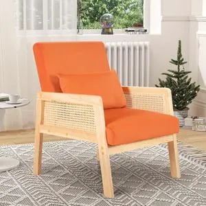 Accent Chair with Rattan Armrests, Mid Century Modern Lounge Armchair for Living Room, Single Upholstered Leisure Reading Chair with Waist Pillow and Wooden Frame,Set of 1 Accent Chair with Rattan Armrests, Mid Century Modern Lounge Armchair for Living Room, Single Upholstered Leisure Reading Chair with Waist Pillow and Wooden Frame,Set of 1