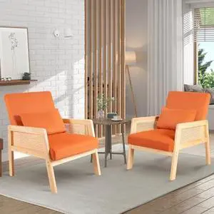 Accent Chair with Rattan Armrests, Mid Century Modern Lounge Armchair for Living Room, Single Upholstered Leisure Reading Chair with Waist Pillow and Wooden Frame,Set of 2 Accent Chair with Rattan Armrests, Mid Century Modern Lounge Armchair for Living Room, Single Upholstered Leisure Reading Chair with Waist Pillow and Wooden Frame,Set of 2