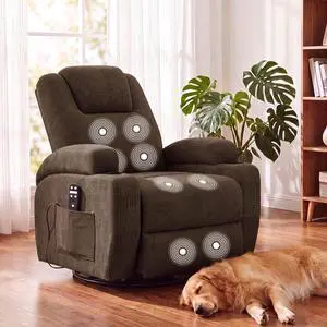 Recliner Chair, 360° Swivel Rocker Chair for Adults, Rocking Recliner Chair with Massage, Comfy Single Sofa with Side Pockets Cup Holders for Living Room, Bedroom, Nursery (Fabric, Brown) Recliner Chair, 360° Swivel Rocker Chair for Adults, Rocking Recliner Chair with Massage, Comfy Single Sofa with Side Pockets Cup Holders for Living Room, Bedroom, Nursery (Fabric, Brown)