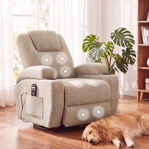 Recliner Chair, 360° Swivel Rocker Chair for Adults, Rocking Recliner Chair with Massage, Comfy Single Sofa with Side Pockets Cup Holders for Living Room, Bedroom, Nursery (Fabric, Khaki) Recliner Chair, 360° Swivel Rocker Chair for Adults, Rocking Recliner Chair with Massage, Comfy Single Sofa with Side Pockets Cup Holders for Living Room, Bedroom, Nursery (Fabric, Khaki)