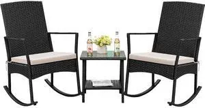Rocking Chair Outdoor PE Rattan Patio Chairs with Glass Table High Back Porch Rocker for Balcony, Garden, Backyard (Beige) Rocking Chair Outdoor PE Rattan Patio Chairs with Glass Table High Back Porch Rocker for Balcony, Garden, Backyard (Beige)