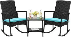 Rocking Chair Outdoor PE Rattan Patio Chairs with Glass Table High Back Porch Rocker for Balcony, Garden, Backyard (Blue) Rocking Chair Outdoor PE Rattan Patio Chairs with Glass Table High Back Porch Rocker for Balcony, Garden, Backyard (Blue)