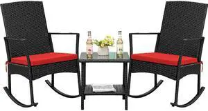 Rocking Chair Outdoor PE Rattan Patio Chairs with Glass Table High Back Porch Rocker for Balcony, Garden, Backyard (Red) Rocking Chair Outdoor PE Rattan Patio Chairs with Glass Table High Back Porch Rocker for Balcony, Garden, Backyard (Red)